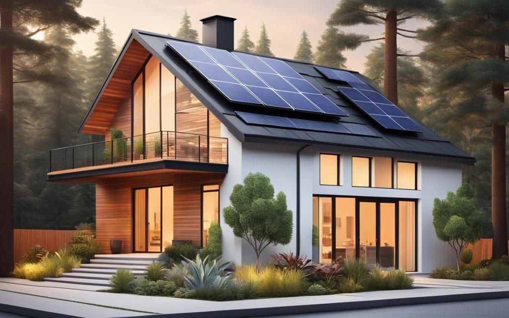 Vista exterior de casa electrificada con paneles solares y climatizada con Termopaneles cumpliendo con alta eficiencia energética residencial