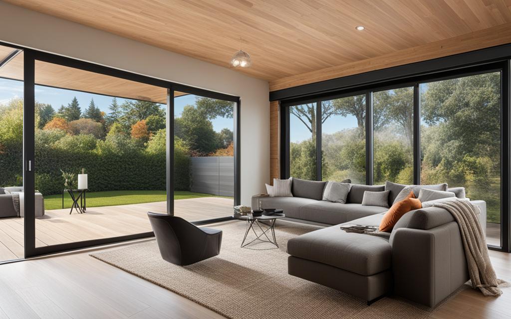 Living climatizado con amplio ventanas de termopanel PVC de perfiles negros. La decoración utilizar colores ocre, café y gris