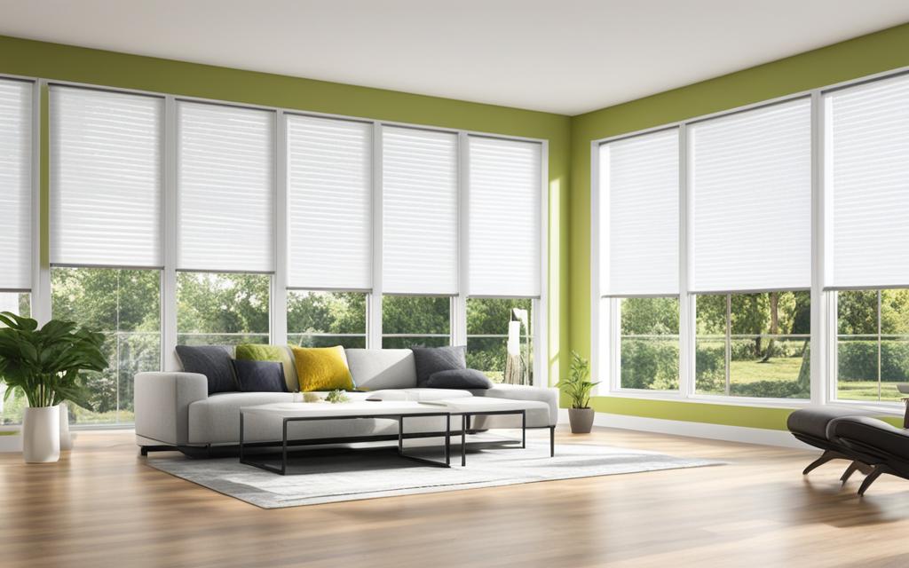 Living de decoración blanca con Ventanas Termopanel y cortinas roller azul
