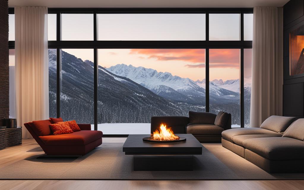 Living en Casa de Montaña con vista a montañas Nevadas. en el centro de living hay un fogón. La ventanas panorámicas son de Termopanel con perfiles negros