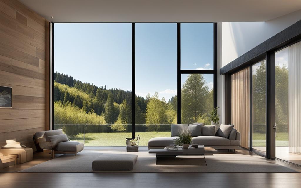 Interior de Living de gran altura con decoración de tonalidades ocre. La ventanas de termopaneles son altas hasta el cielo del inmueble