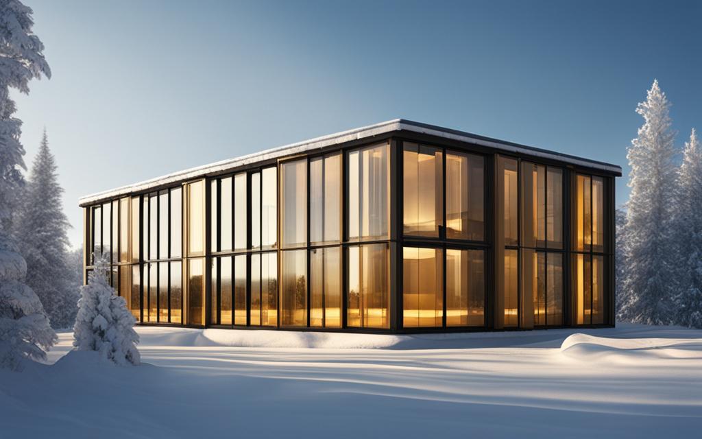 Exterior de casa en periodo invernal. Hay nieves alrededor. Sus ventanas son de termopanel para conservar la temperatura y aislanr la temperatura exterior