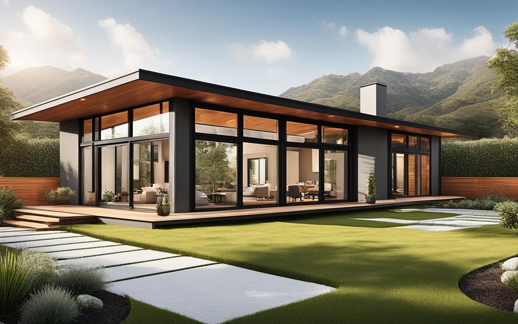 Exterior de Casa en parcela con montaña y nuves atrás. La casa tiene Ventanas termopaneles Aislantes