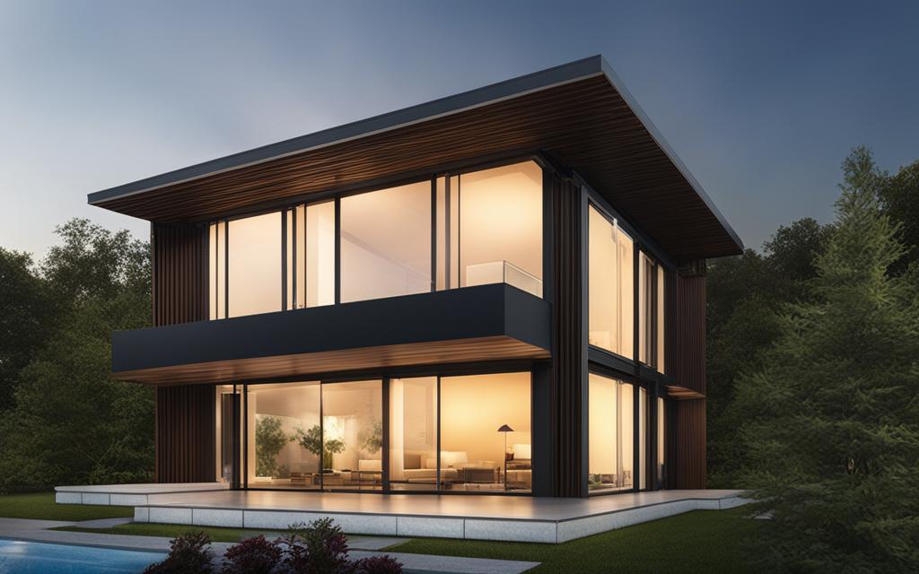 Exterior de casa comenzando el anochecer. Tiene luces cálidas de interior y ventanas Termopanel de PVC para su aislación